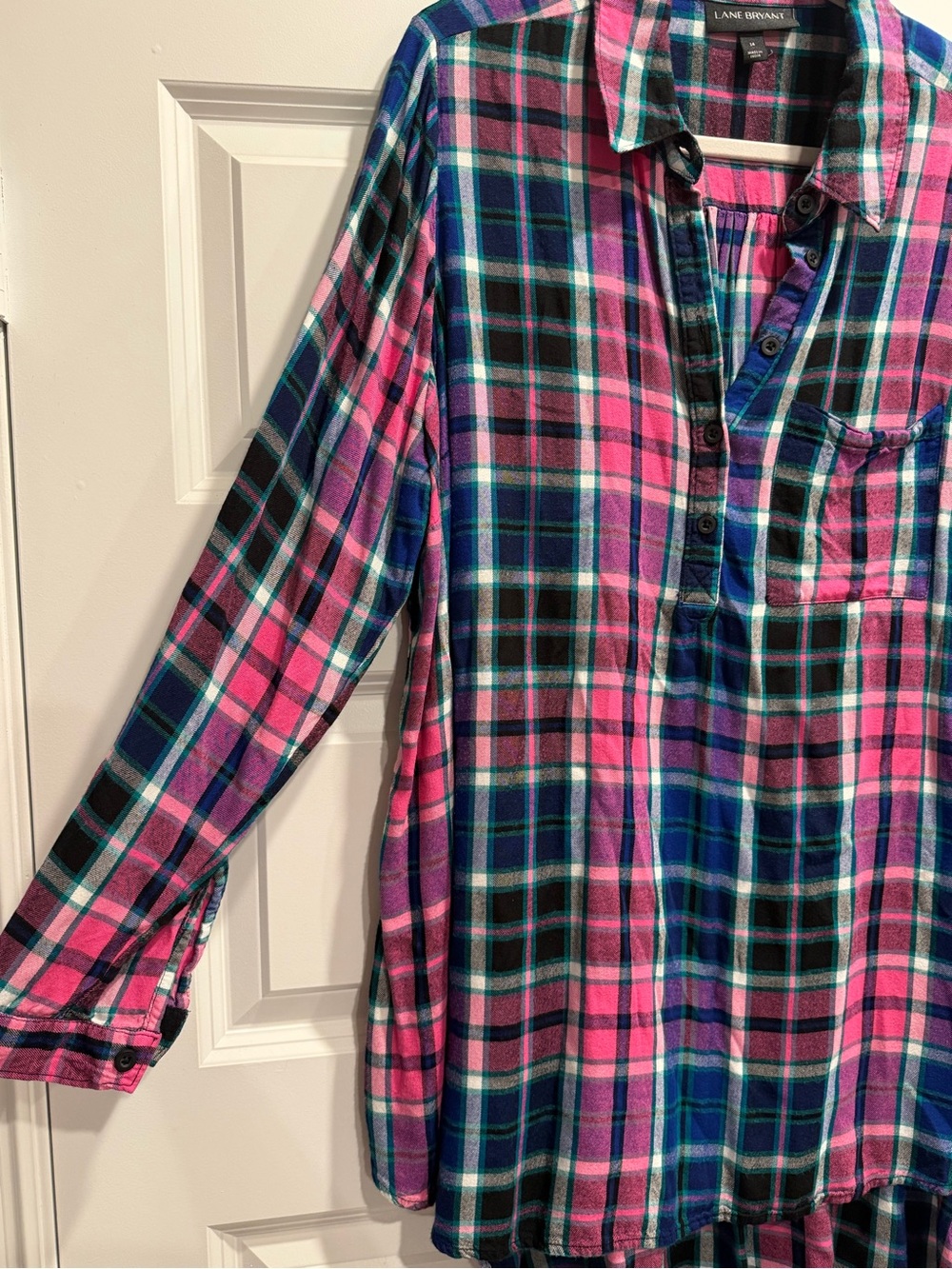 Lane Bryant Teal, Pink & Purple Plaid Shirt